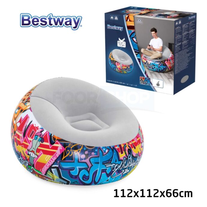 أريكة هوائية مريحة بتصميم شبابي أنيق وعصري قابلة للنفخ بسهولة Fauteuil Gonflable Graffiti Soft Top 112 x 112 x 66cm Bestway#75075 – Image 2